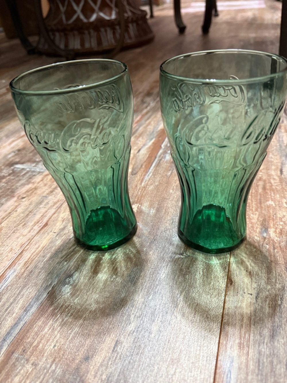 Coca Cola Green Embossed Glass Tumblers - Pair